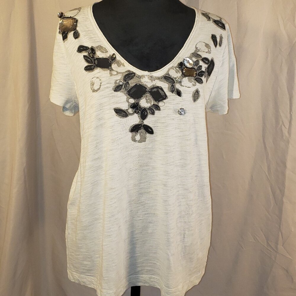 Women's J Crew White and Black Jeweled  Short Sleeve Top - L